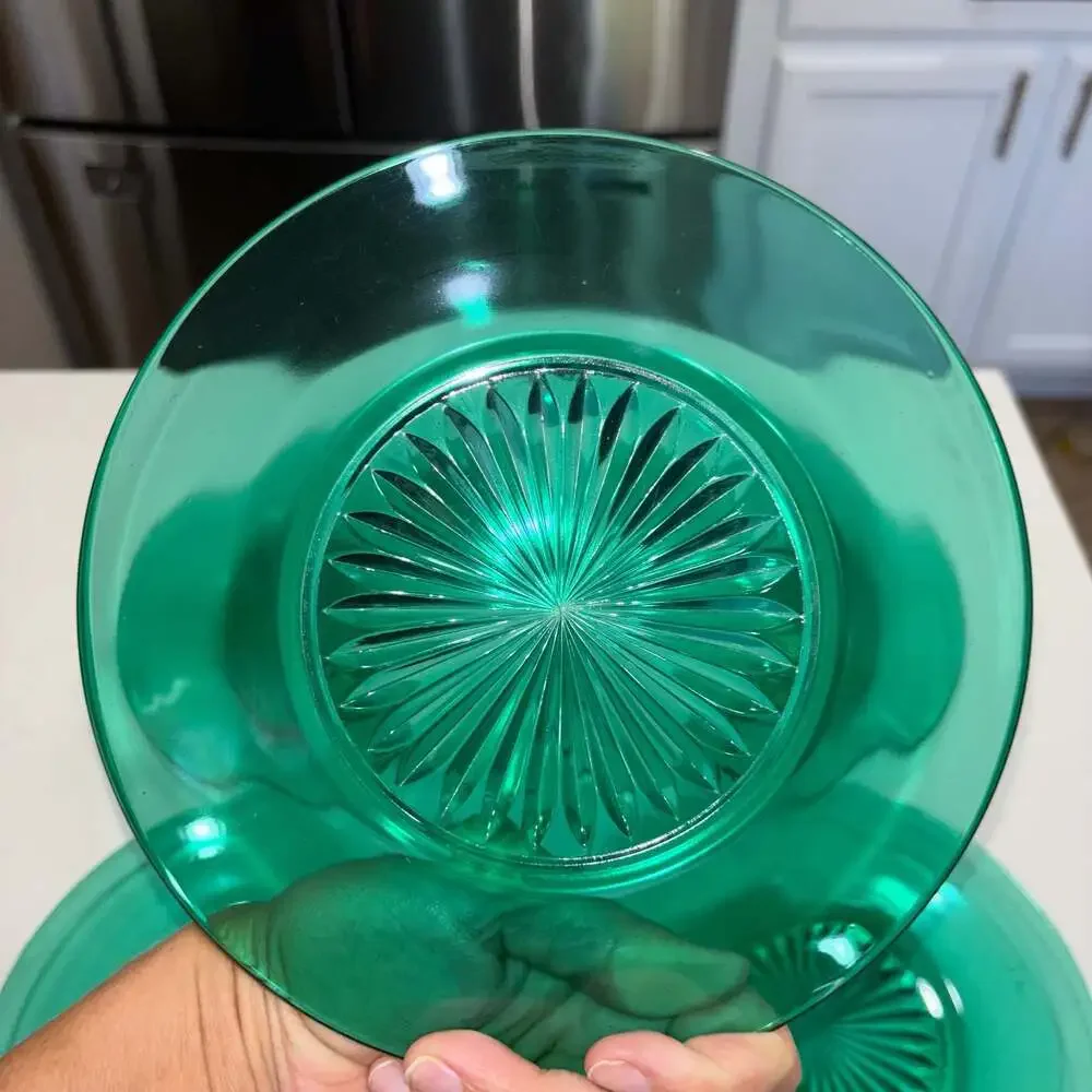 Vintage Emerald Green Pressed Glass Starburst Center Salad Plates Set of 5